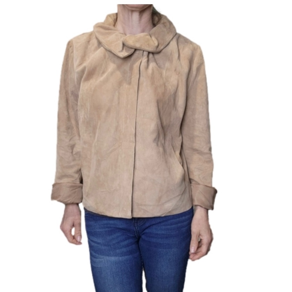 TALBOTS Petites Suede leather jacket with lined Tan color